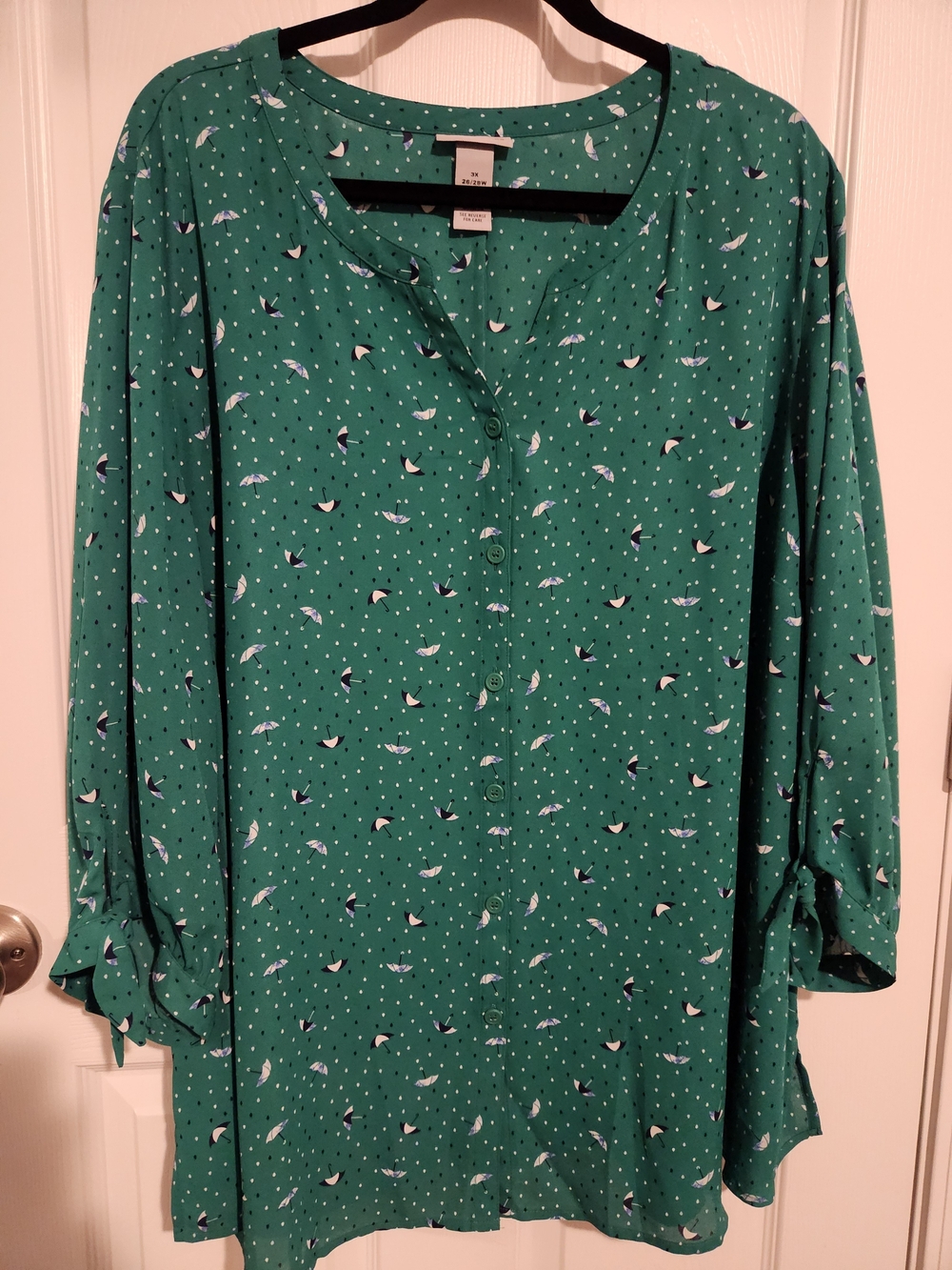 Catherines Teal Green Button-Down Blouse with Bird Print
